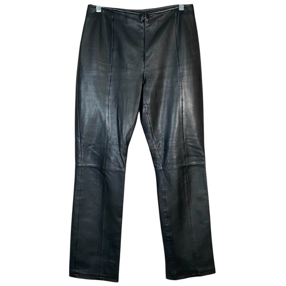 Vintage Cache Black Leather Pant Women 8 Straight Leg Mid Rise Zip Front 90s Y2K